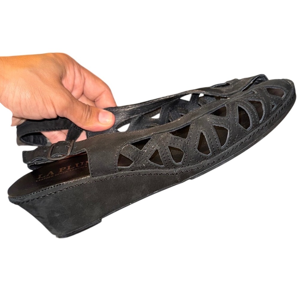 La Plume Black Leather Laser Cut Wedge Sandals Womens 41 Slingback Made in Italy